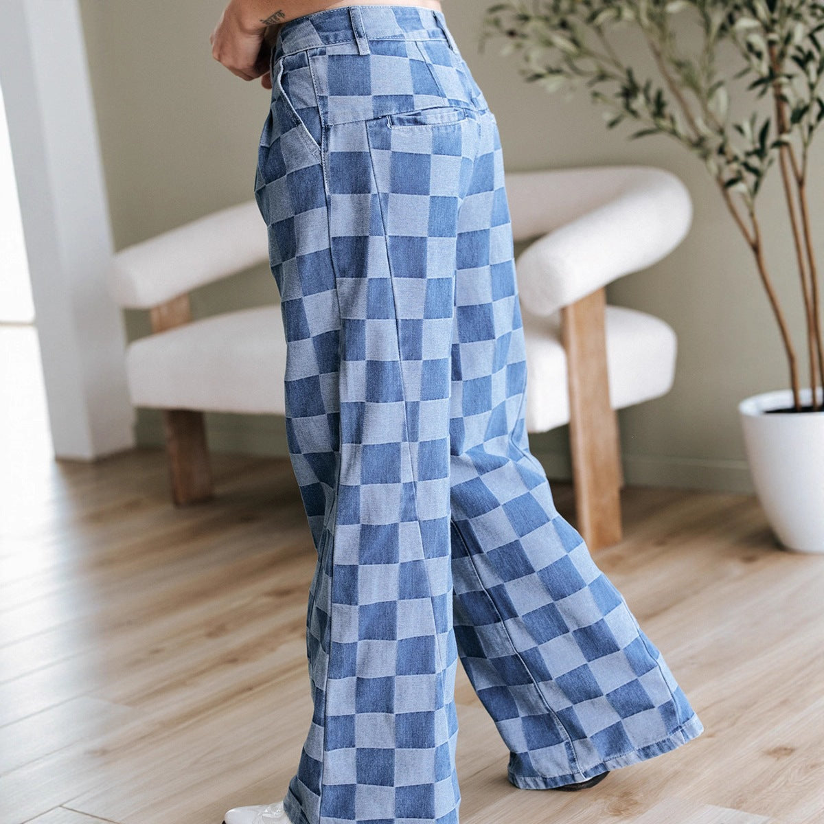 Checkerboard Print High Waist Wide Leg Denim Pants