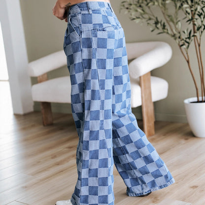 Checkerboard Print High Waist Wide Leg Denim Pants