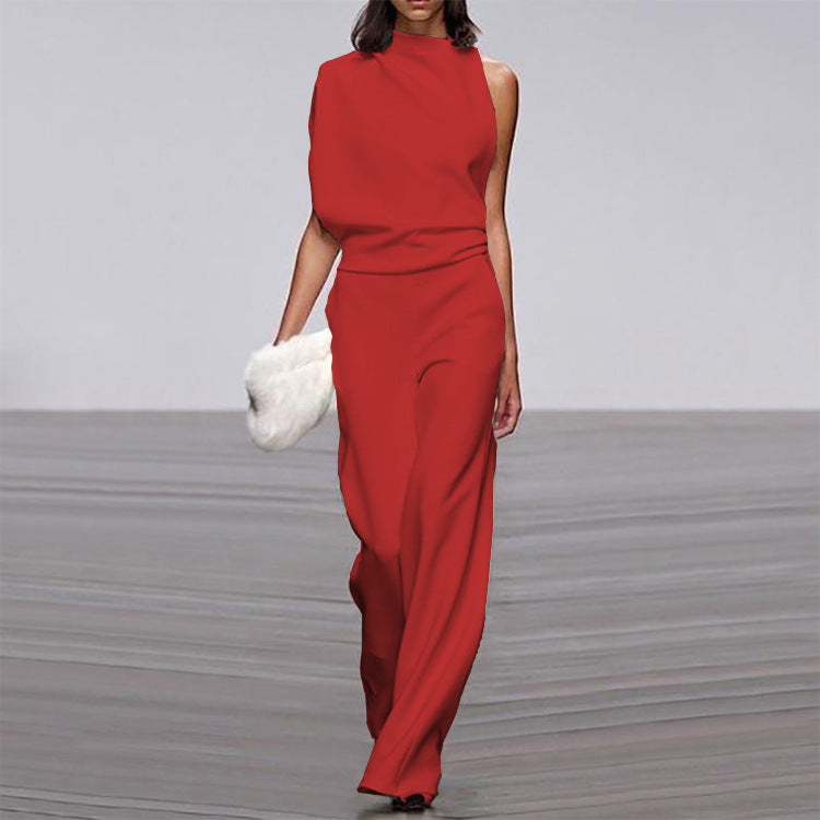 Womens Solid Color One Shoulder Ruched Collar Jumpsuit