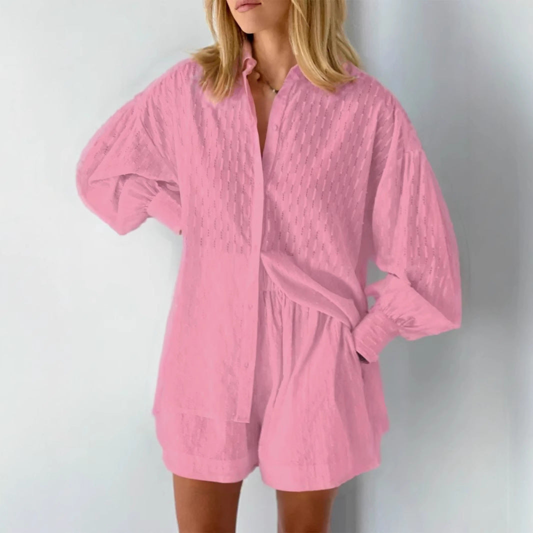 Dames jacquard blouse met lange pofmouwen en bijpassende shorts