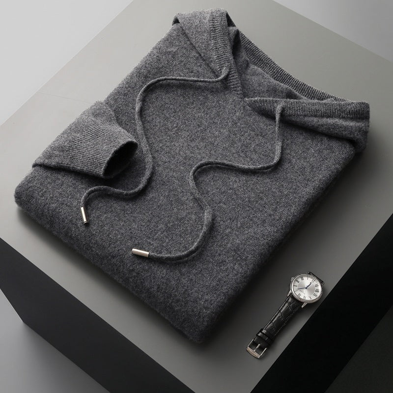 Mens Hooded Cashmere Blend Sweater Solid Color Long Sleeve Knit Pullover