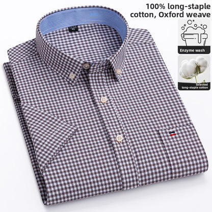 Men's 100% Cotton Plaid Short Sleeve Shirt Oxford Casual Square Collar