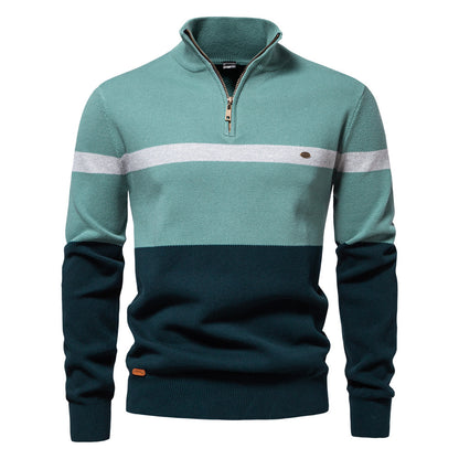 Men's Slim Fit Stand Collar Half-Zip Color-Block Knit Sweater