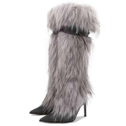 Pointed-toe furry boots high heels