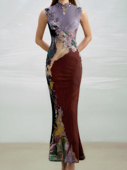 Chinoiserie Print Cheongsam Dress