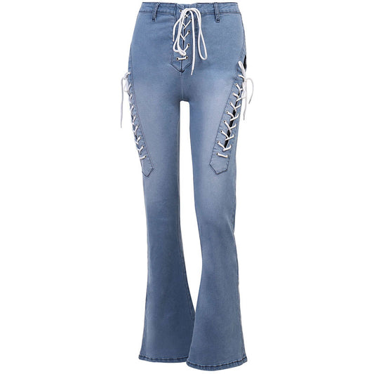 Uitgesneden statement strapping straight leg flared jeans