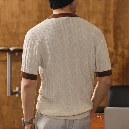 Men's Silk Jacquard Polo Shirt Summer Short Sleeve Knitwear