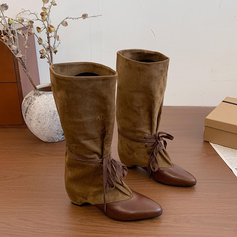 Retro Pointed-Toe Lace-Up Boots Women's Wide-Top High-Heel Knights Boots