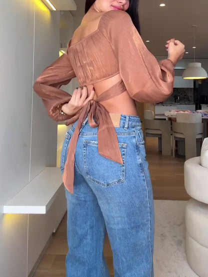 Glitter crop top met lange mouwen en vetersluiting