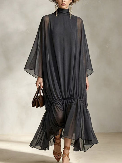 Loose Fit Pleated Dress with Batwing Sleeves