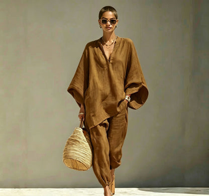 Women Casual Batwing Sleeve V-Neck Linen Blend Suit