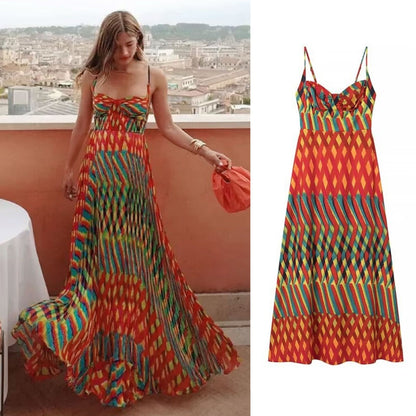 Elegant Suspender Printed Dress