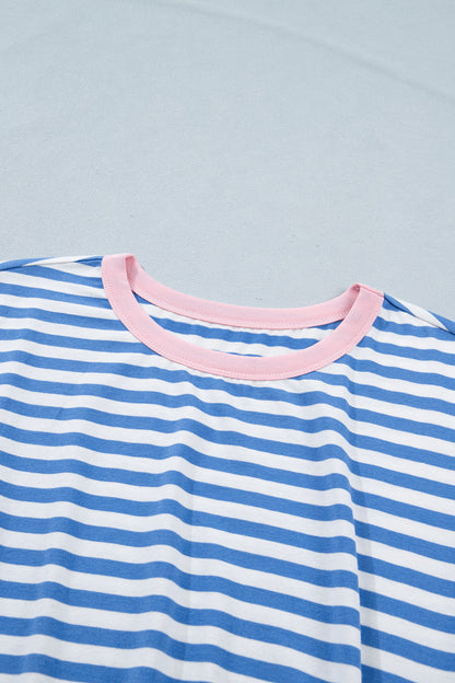 Gestreepte mini-jurk met strik contrasterende bies korte mouwen en ronde hals