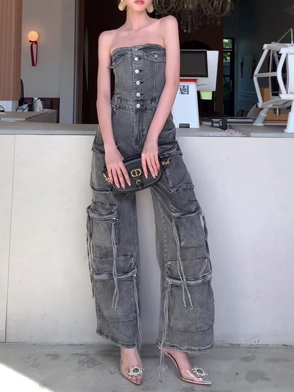 Denim Tube Top Enkelrijs Cargo Jumpsuit