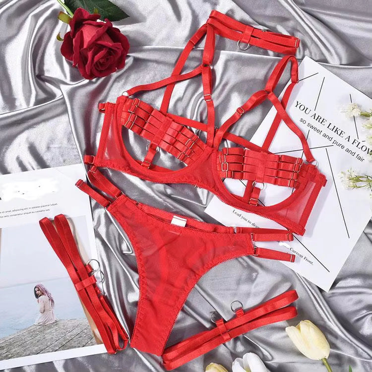 Cross-Border Hot-Selling Bandage Sexy Lingerie Set with Underwire, 4-Piece Set for Adult Women, Tight-Fitting Erotic Intimate Lingerie