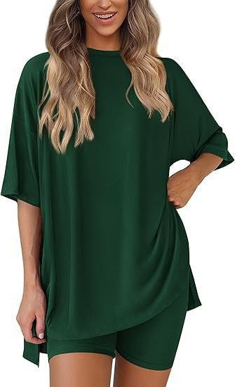 Loose Fit Casual Round Neck Short Sleeve Shorts TwoPiece Set
