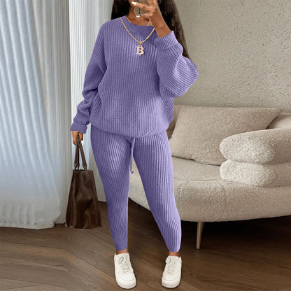 Womens Casual Knitwear Suit Long Sleeve Two Piece Pants Set