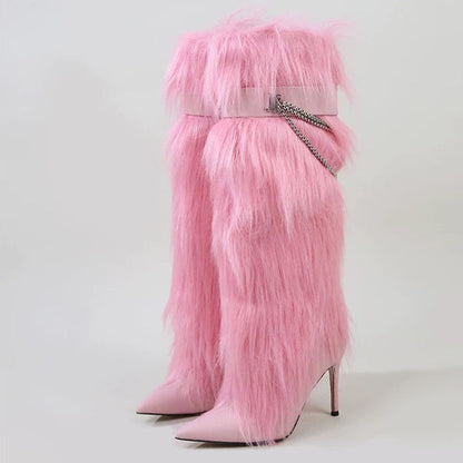 Pointed-toe furry boots high heels