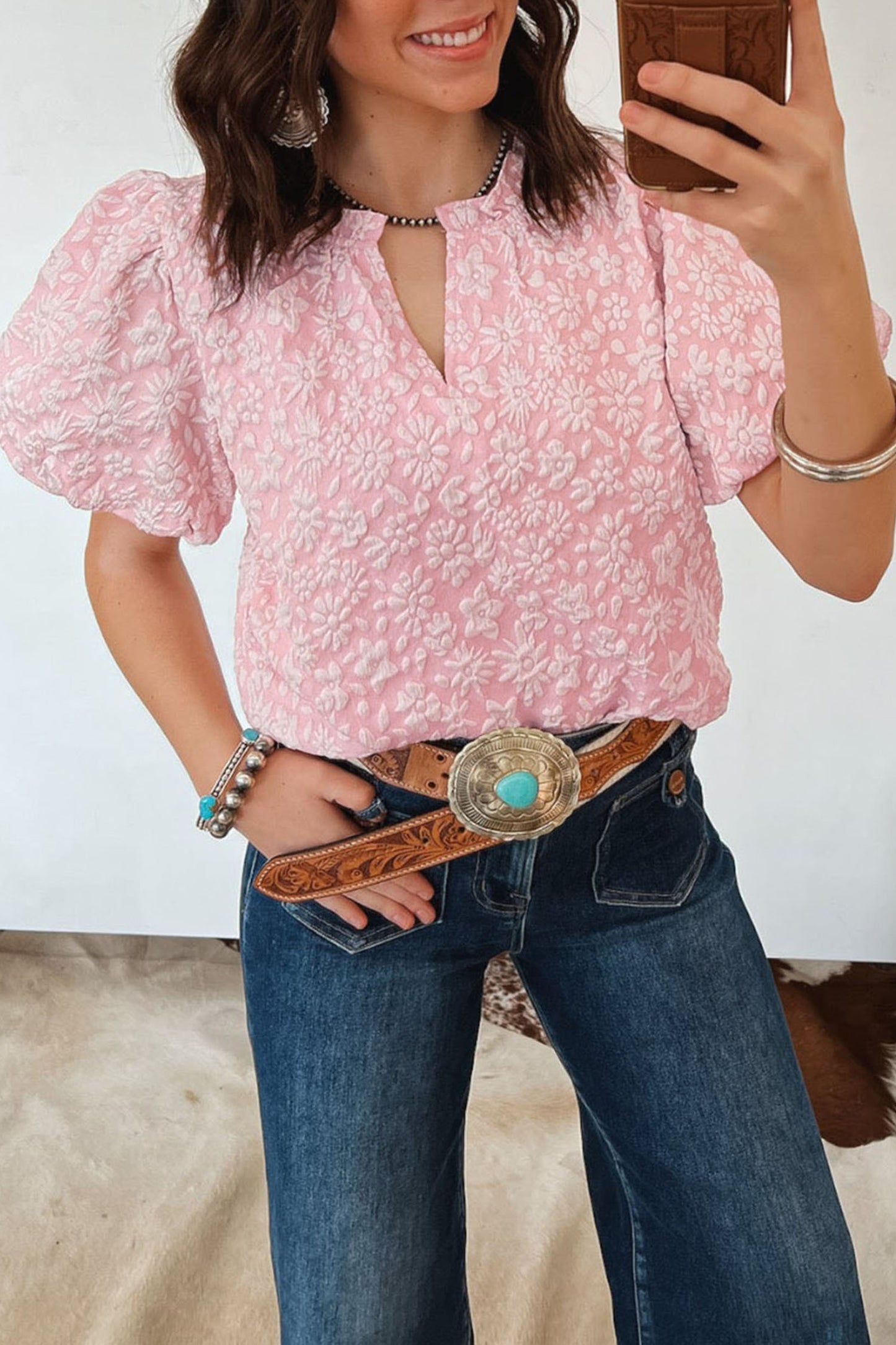 Blouse met pofmouwen en bloemenprint in abrikoosroze jacquardstof