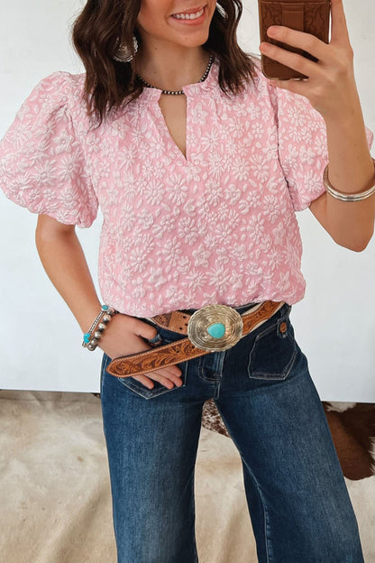 Blouse met pofmouwen en bloemenprint in abrikoosroze jacquardstof
