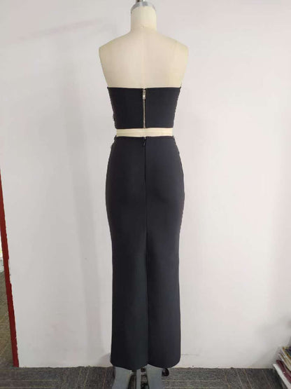 Mouwloze top metstrasssteentjes en lange  nauwsluitende rok set