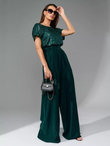 Europese eendelige pailletten korte mouwen jumpsuit