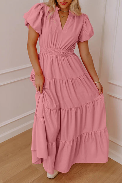 Effen maxi-jurk met V-hals korte pofmouwen en hoge taille