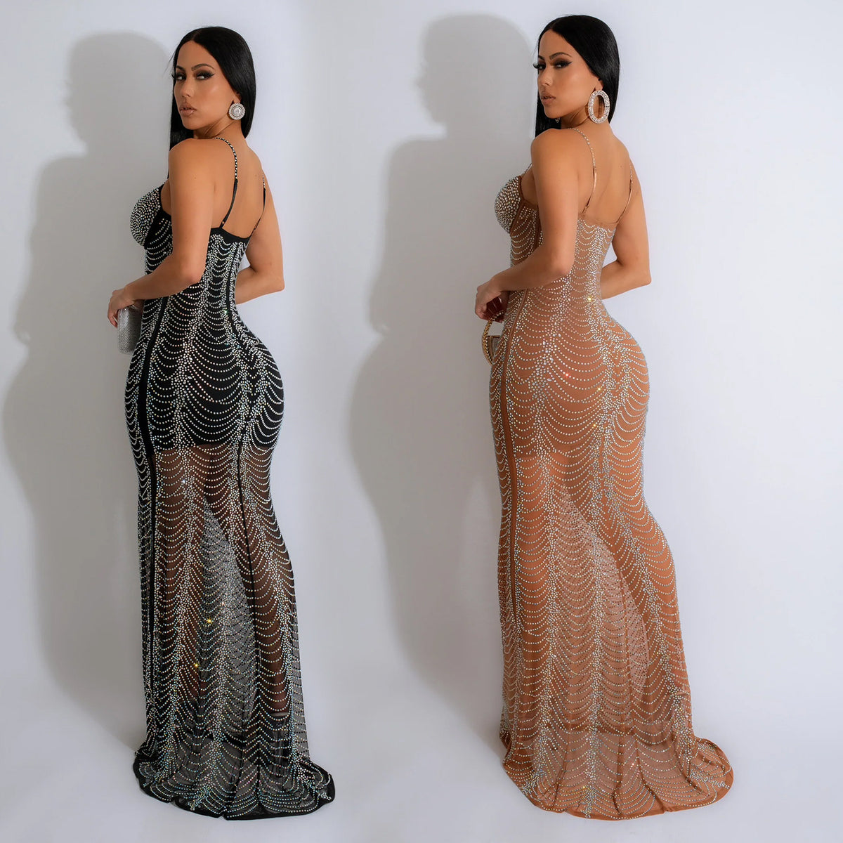 Women's Solid Color Mesh Rhinestone Strap Long Dress