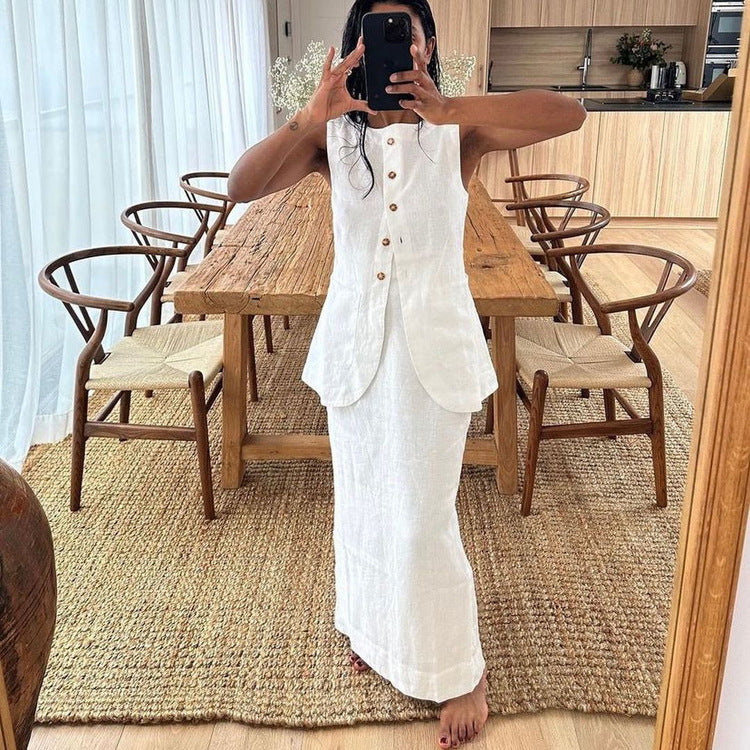 Sleeveless Square Neck Vest and High Waist Skirt Set