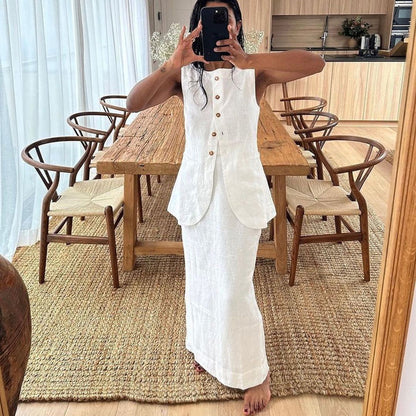 Sleeveless Square Neck Vest and High Waist Skirt Set