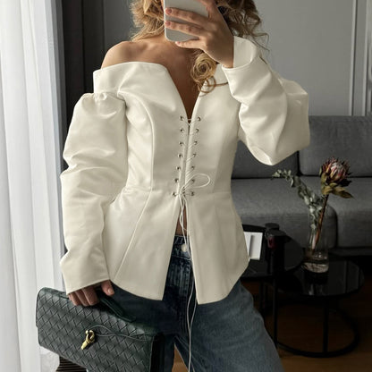 One-Shoulder Lace-Up Long Sleeve Top