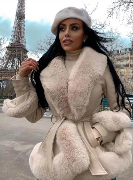 Women's Faux Rabbit Fur Waist Cinching Coat
