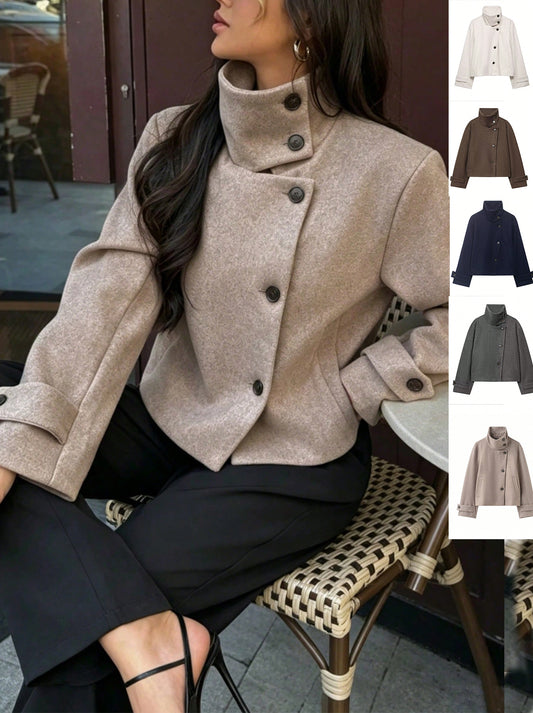 Womens Retro Stand Collar Jacket Solid Color Coat