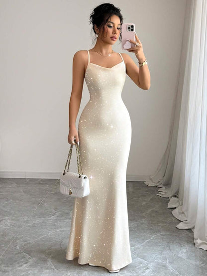 Women?s Sequined Halter Backless Mermaid Maxi Dress