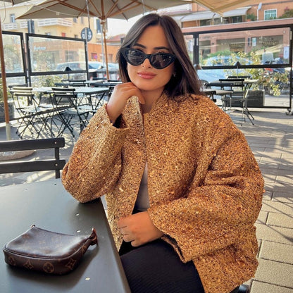 Women's Beaded Round Neck Long Sleeve Loose Polyester Jacket