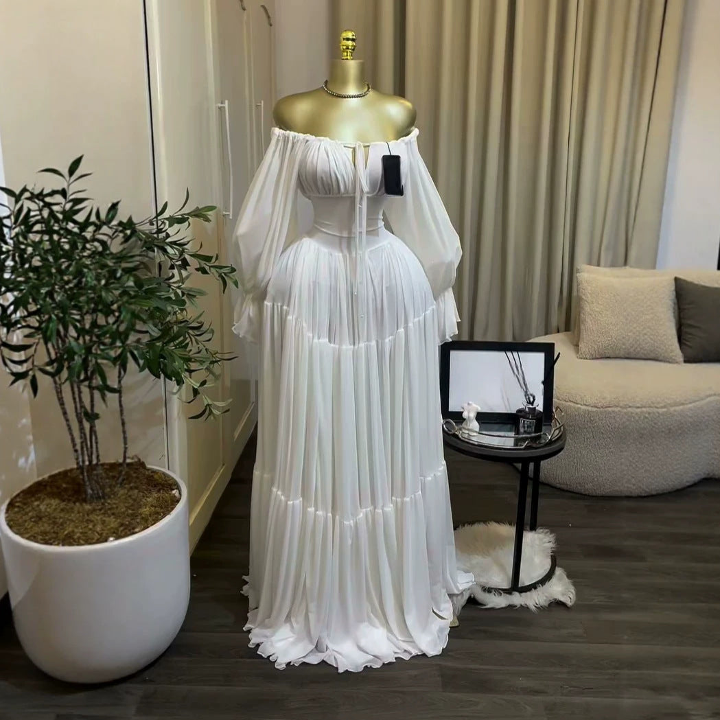 elegant lantern sleeve tie slim-fit pleated long dress