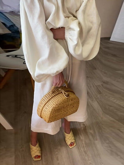 Katoenen en linnen one-shoulder top met lange mouwen en wijde broek set