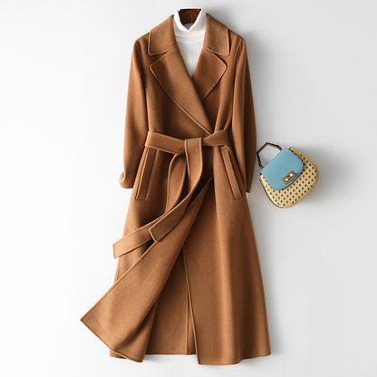 Women's Double-Sided 100% Wool Long Over-The-Knee Coat with Suit Collar