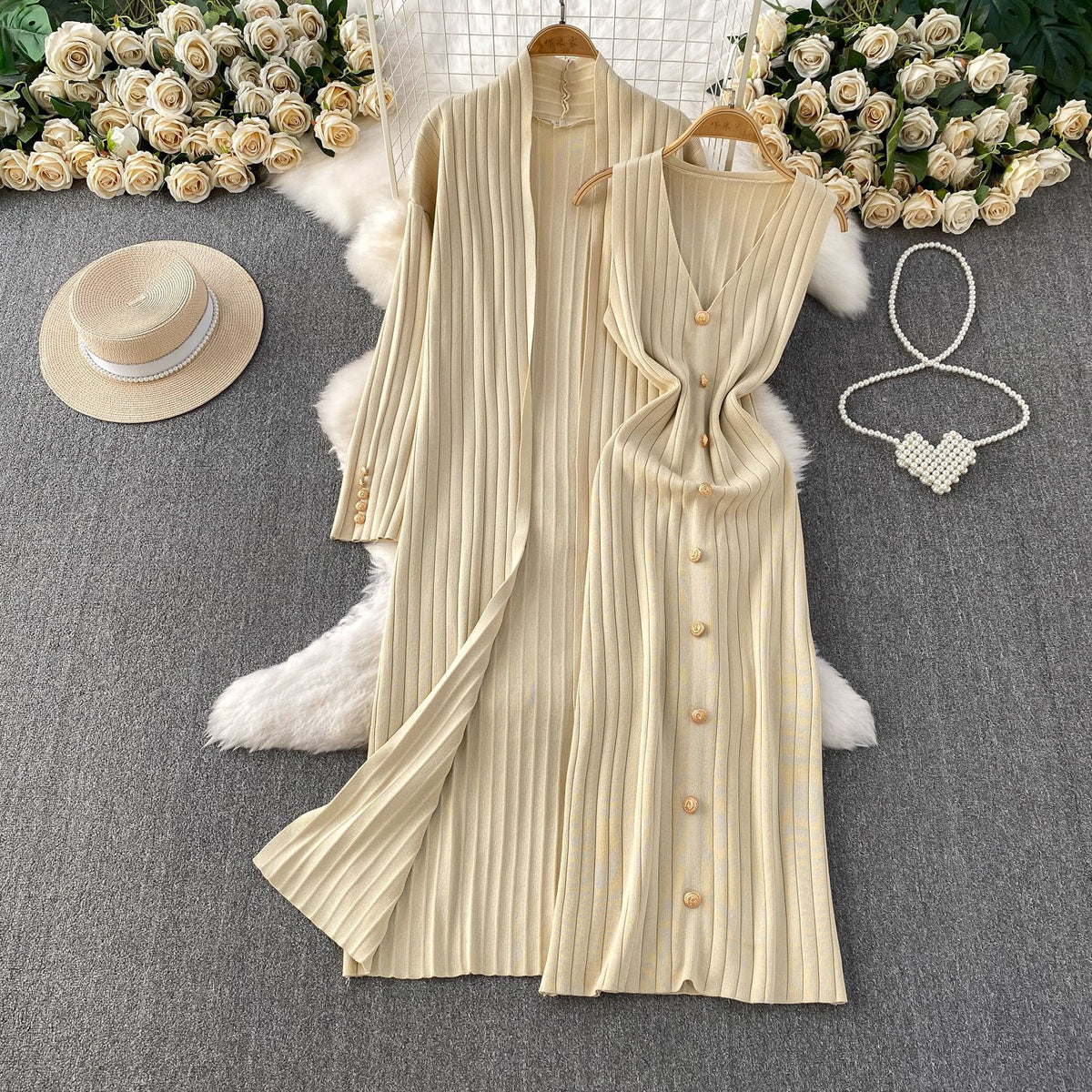 Elegant Knitted Shawl Jacket and Vest Dress Suit