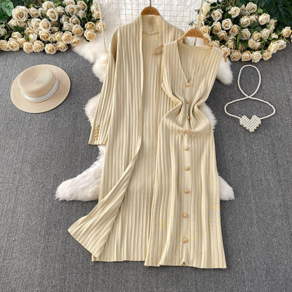 Elegant Knitted Shawl Jacket and Vest Dress Suit