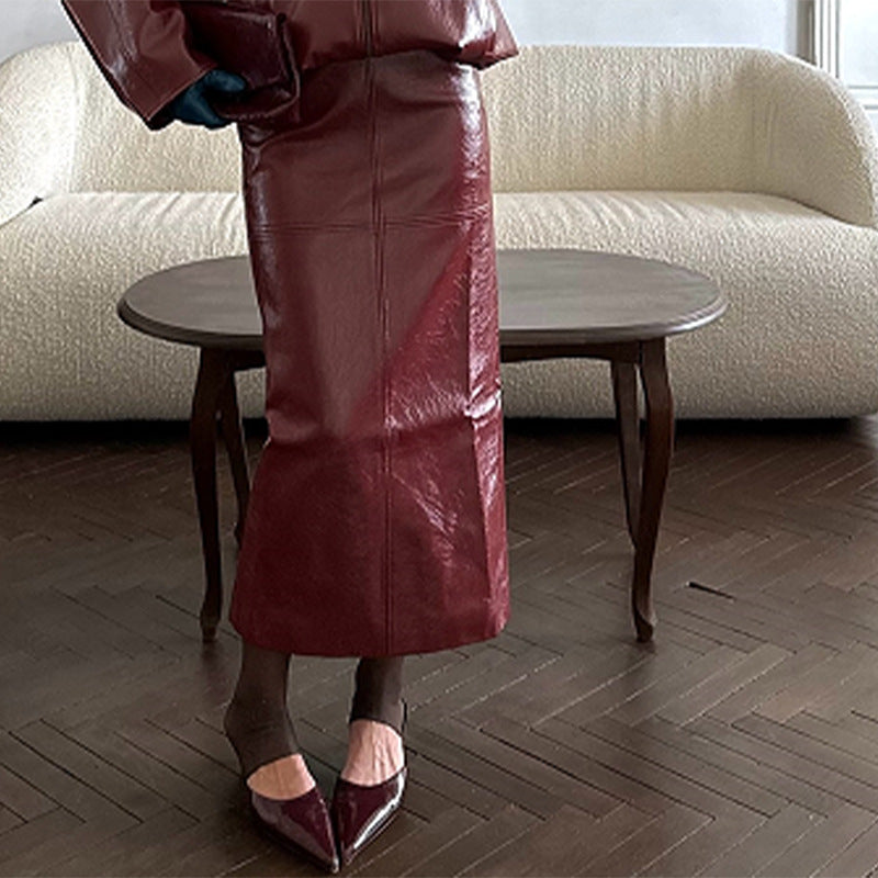Elegant Leather Jacket and Skirt Set