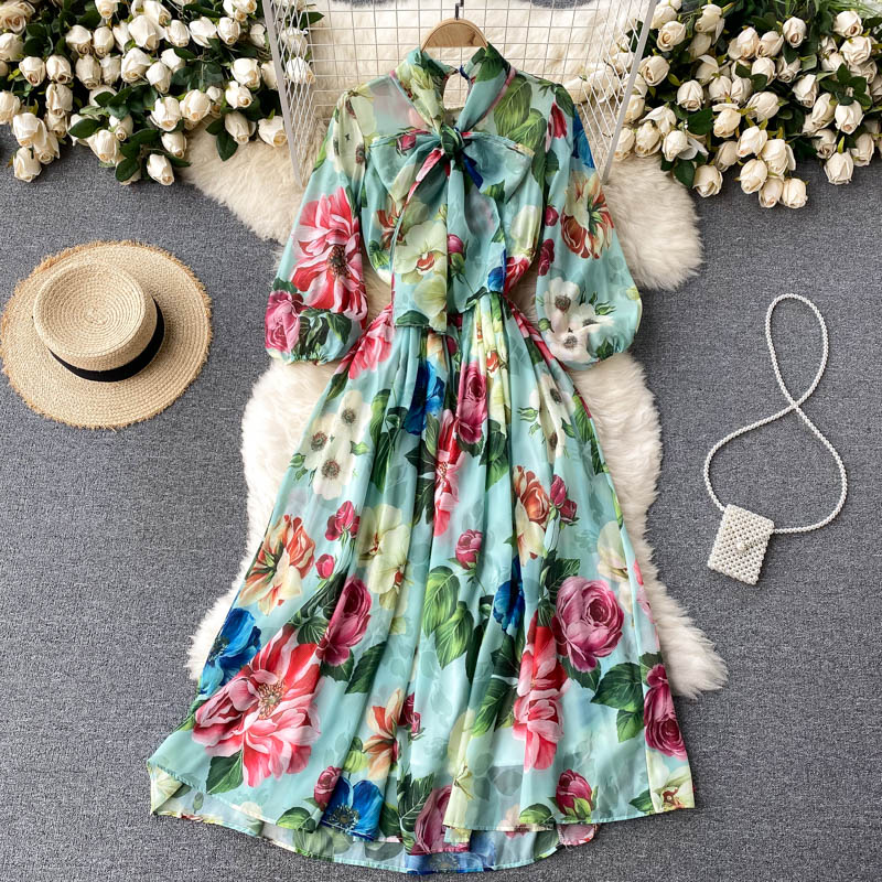 New Summer Print Chiffon Beach Dress Women Long Midi Big Swing Boho Vacation Dresses