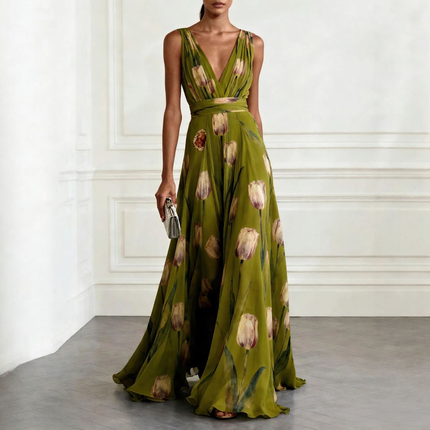 Elegant Tulip Print Evening Dress for Women Sleeveless V-Neck Chiffon Long Dress