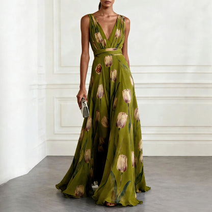 Elegant Tulip Print Evening Dress for Women Sleeveless V-Neck Chiffon Long Dress