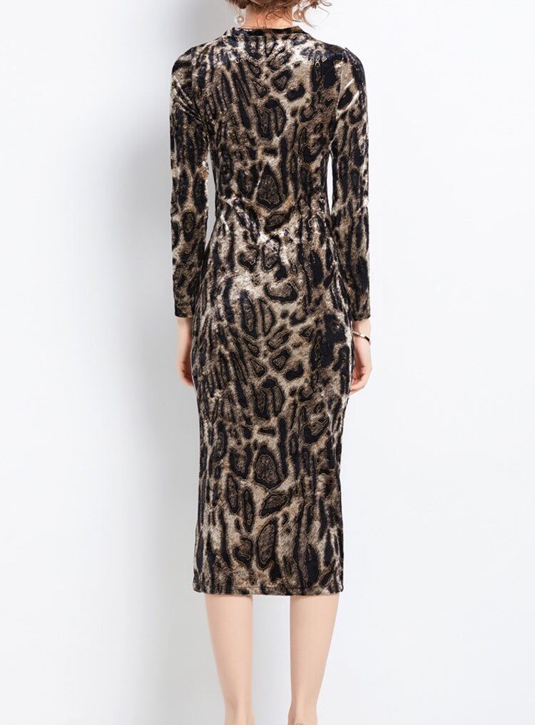 Designer Slimy Pencil Midi Dress Split Bodycon Leopard