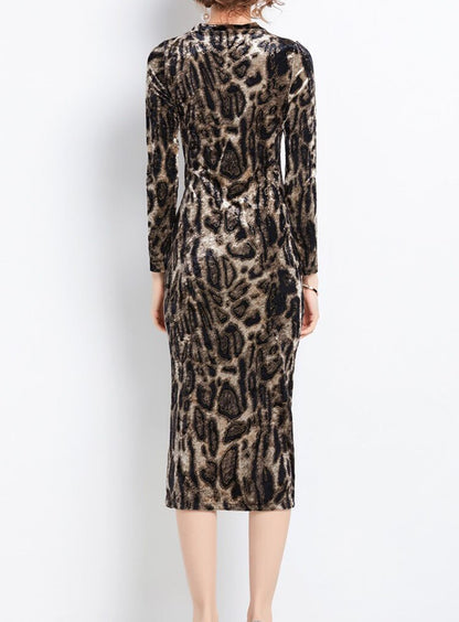 Designer Slimy Pencil Midi Dress Split Bodycon Leopard
