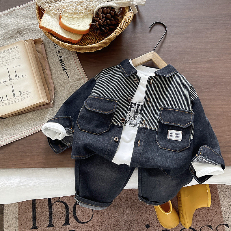 Baby autumn block denim long sleeved three piece set