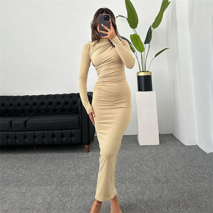 Solid Color Long Sleeve Round Neck Fitted Bodycon Dress