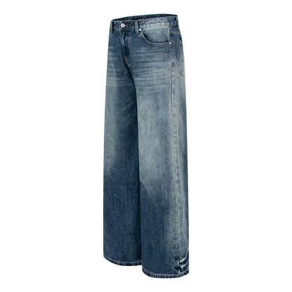 Vintage blauwe losse unisex jeans met rechte pijpen trendy gewassen en versleten look