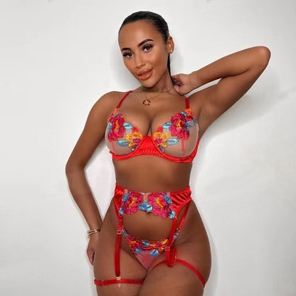 Sexy Three Piece Set Of Cross-Border Explosive Embroidery Large Flower Satin Stitching High-End Complex Craft Underwear